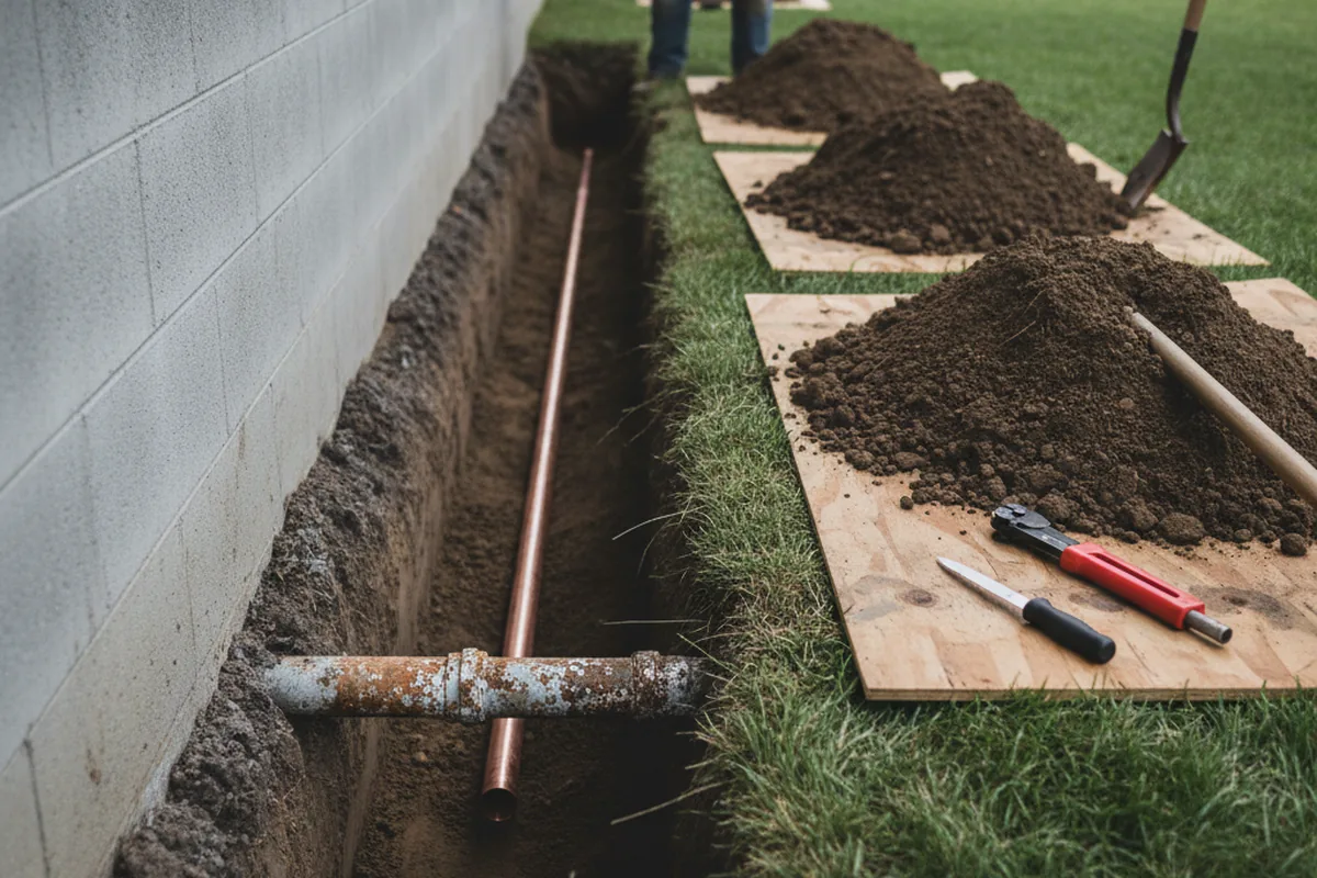 Excavated water line trench during Sewer Line Repair in Westerville